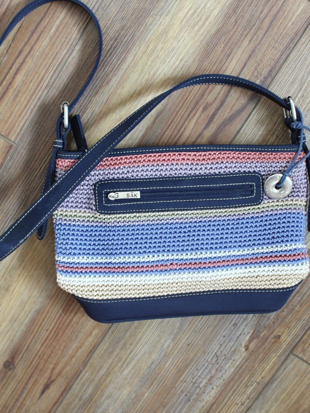 The Sak Rainbow Striped Crochet Crossbody Bag Navy Leather Trim Boho